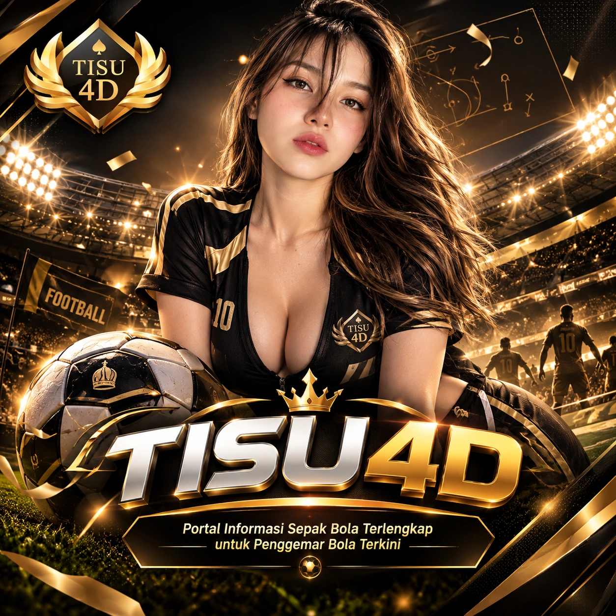 Banner TISU4D dengan tema sepak bola premium hitam dan gold